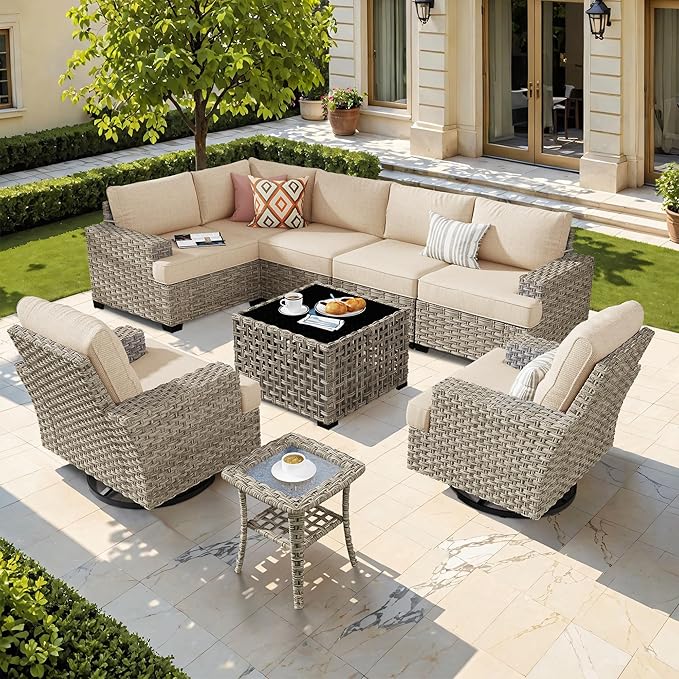 HOOOWOOO Outdoor Sectional Patio Furniture Set,9 Pieces Wicker Conversation Sets L Shaped Couch,Extra Deep Out Door Sofa Outside Furniture with Swivel Chairs,Beige
