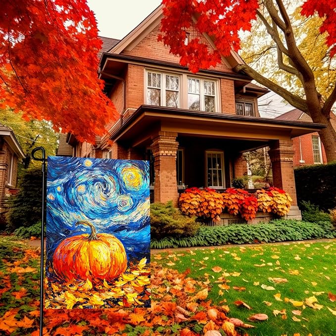Fall Pumpkin Garden Flag Autumn Golden Leaf Yard Flags Van Gogh Oil Painting House Banner Art Starry Night Sky Moon Thanksgiving Harvest Garden Flags for Outside Porch Lawn Decor 12 x 18 Inch