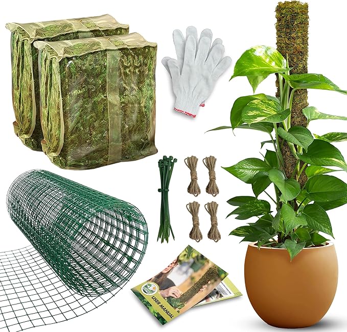 DUSPRO DIY Moss Pole Kit, Metal Moss Pole for Plant Monstera, Pothos, Philodendron, 1pc 8.6’’ x 6.5 ft Wire Moss Pole Mesh with Forest Moss, Cable Zip Ties, Gloves