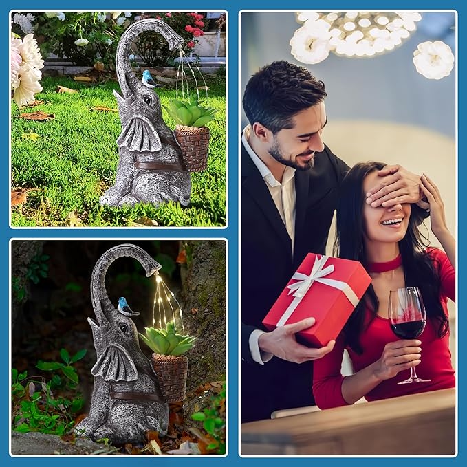 Solar Elephant Watering Effect LED Lights Garden Statue, Outdoor Garden Decor for Lawn, Balcony, Yard, Gifts for Mom, Grandma, Wife