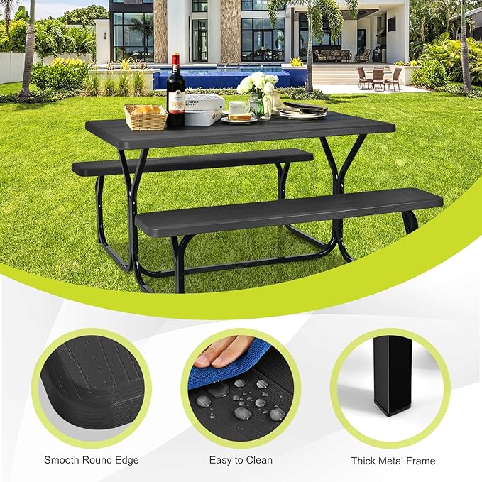 Moccha Picnic Table Bench Set - Portable Plastic Picnic Table w/Steel Frame & Wood-Like Texture, All Weather Heavy Duty Picnic Table Kit, Picnic Tables for Outdoors Garden Patio Party Dining (Black)