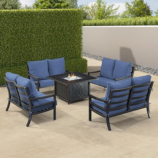 Oakland Living Black Aluminum Patio Fire Table Set with Four Deep Seating Loveseat with Cushions with Blue Cushions