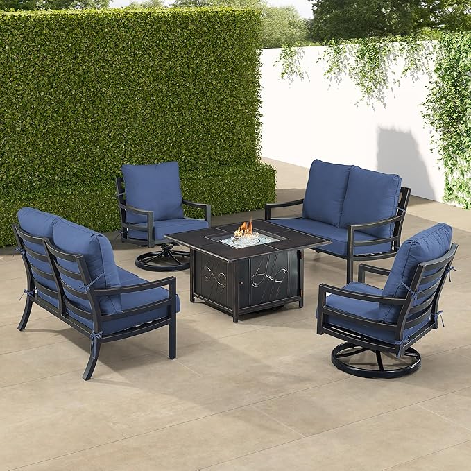 Oakland Living Black Aluminum Patio Fire Table Set with Two Deep Seating Loveseat with Cushions and Two Club Chairs with Blue Cushions