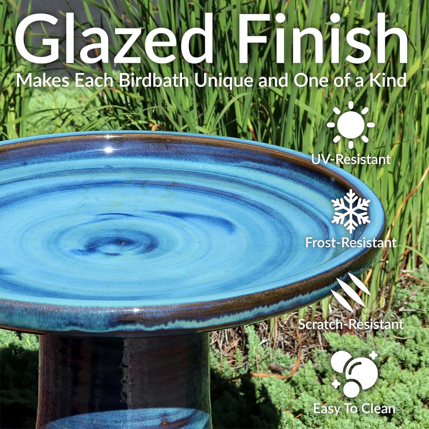 Sunnydaze 21" H Ceramic Bird Bath for Outside - Hand-Painted Outdoor Bird Bath Bowl, UV/Frost-Resistant Finish - Galaxy Blue - Classic Pedestal