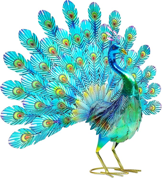 Autodaya 27.5" Tall Metal Peacock Garden Statue - Handmade, 3D Textured, Tail Spread Sculptures for Patio, Garden or Entryway.