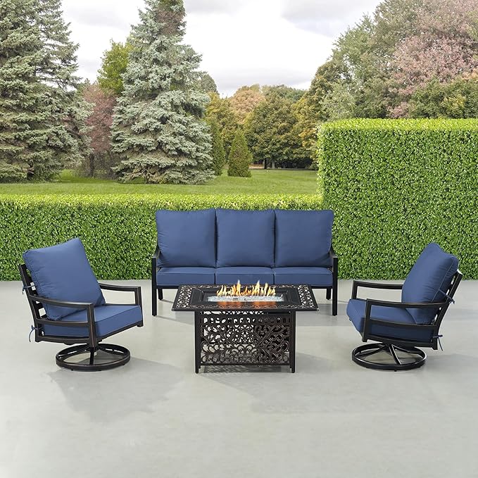 Oakland Living Black Aluminum Patio Fire Table Set with Deep Seating Sofa with Cushions and Two Club Chairs with Blue Cushions