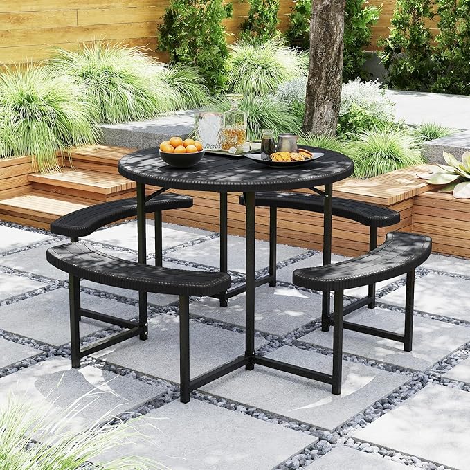 Giantex Picnic Table Bench Set for 4-8 Person, Round 37” Outdoor Dining Table w/Umbrella Hole, HDPE Tabletop, Metal Frame, Patio Furniture Set for Backyard Porch Lawn, 1400lb Capacity (Black,Round)
