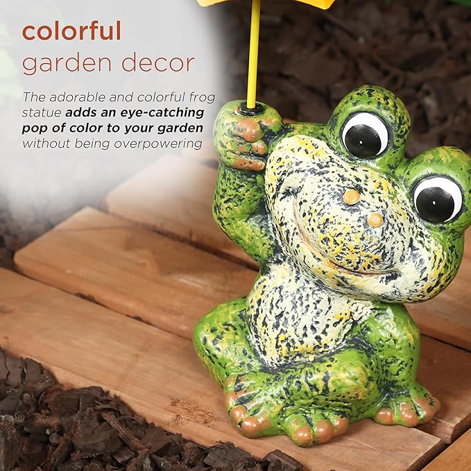 Alpine Corporation QWR1010HH 12" Tall Garden Frog Statue - Sitting Jolly Frog with Yellow Umbrella Decoration – Ceramic Yard & Patio Decor – Durable Lawn Sculpture