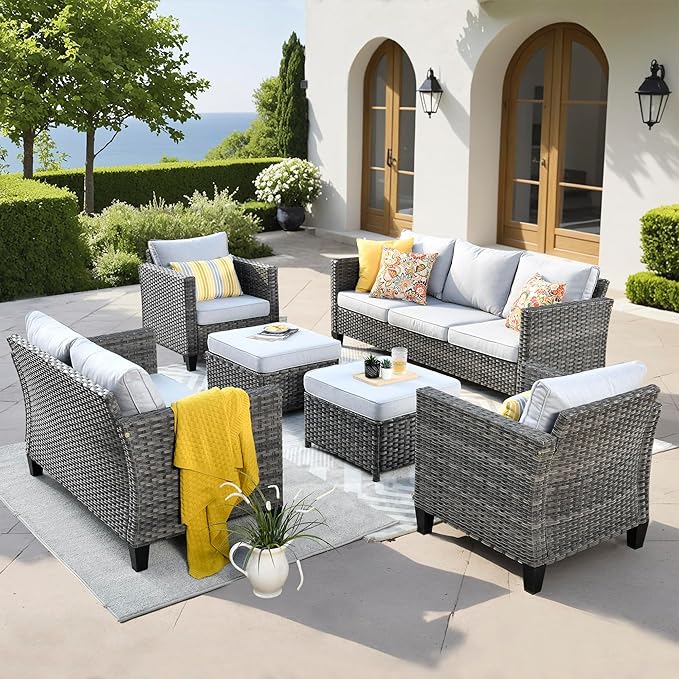 ovios Patio Furniture Set, 6 Pieces Outdoor Wicker Sofa Couch with Loveseat, Ottomans and Comfy Cushions, All Weather High Back Rattan Conversation Set, Grey