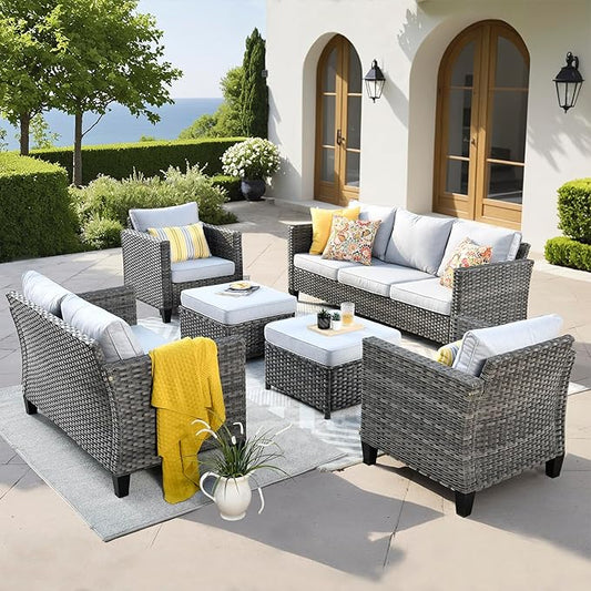 ovios Patio Furniture Set, 6 Pieces Outdoor Wicker Sofa Couch with Loveseat, Ottomans and Comfy Cushions, All Weather High Back Rattan Conversation Set, Grey