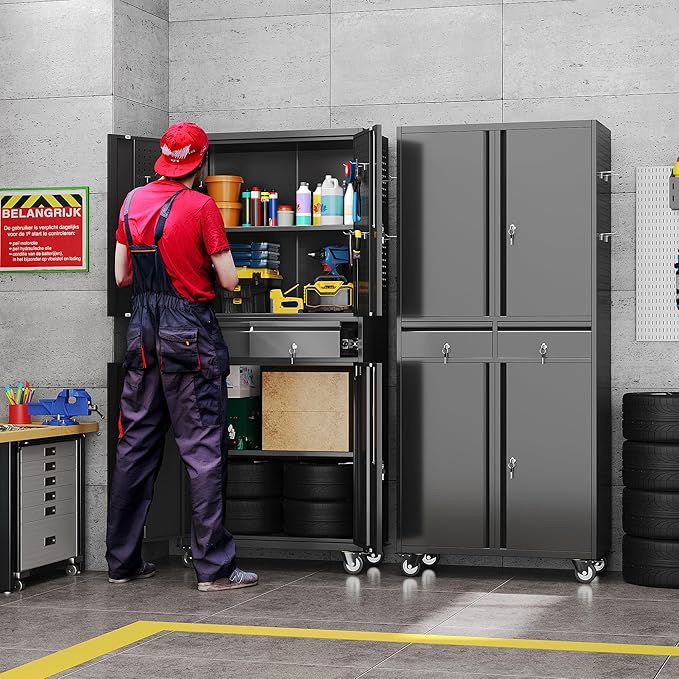 71" H Rolling Tool Storage Cabinet with Pegboard and 2 Drawers,Metal Garage Storage Cabinet with Wheels and Doors for Garage, Warehouse,Home,Required Assembly,Black