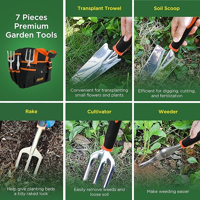 GardenHOME 7-Piece Gardening Tool Set – Stainless Steel Tools with Heavy-Duty Folding Stool and Canvas Tote Bag, Black and Orange – Practical for Men, Gardeners, and DIY Yard Work