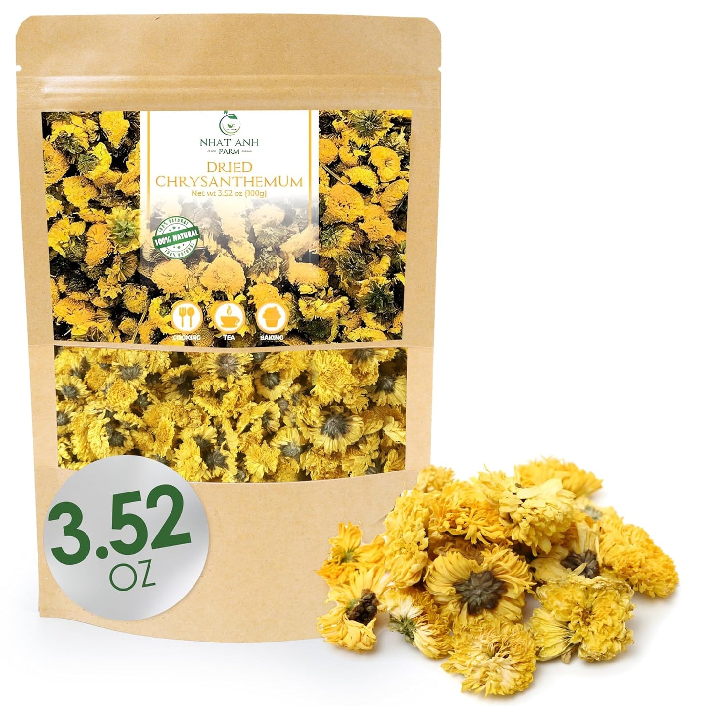 Nhat Anh Farm - Premium Dried Chrysanthemum - 3,5oz(100g) Dried Chrysanthemum Flowers - 100% Natural & Pure - Sugar/Caffeine/Gluten Free. For Making Tea