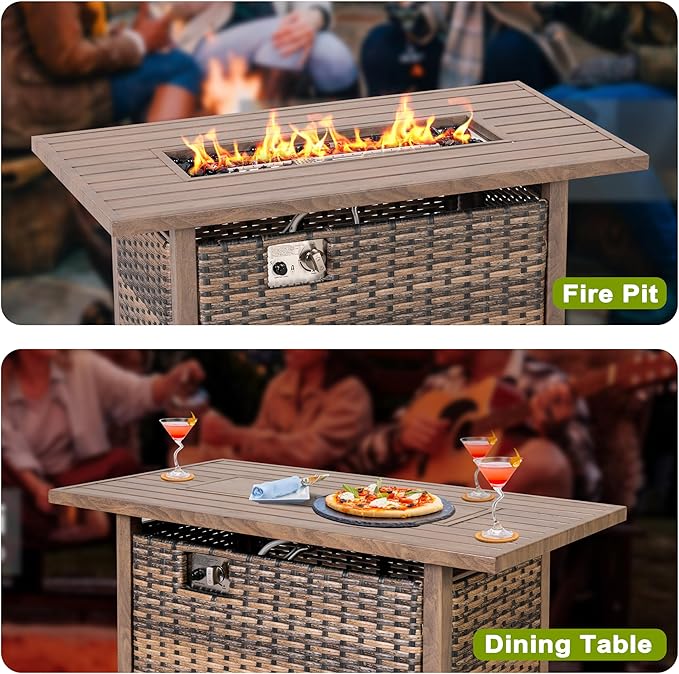 Nuu Garden 43 Inch Propane Fire Pit Table CSA Listed 50000 BTU Gas Fire Pit with Lid Glass Wind Guard Fire Glass Beads 2 in 1 Rectangular Outdoor Fire Table for Backyard Patio Brown