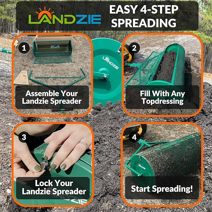 LANDZIE Lawn & Garden Spreaders - 44 Inch Heavy Duty Metal Mesh Basket Push/Tow Spreader - Compost, Peat Moss, Top Soil, Mulch - Durable Lightweight Multi-Purpose Yard Care Equipment - Manure Spreader