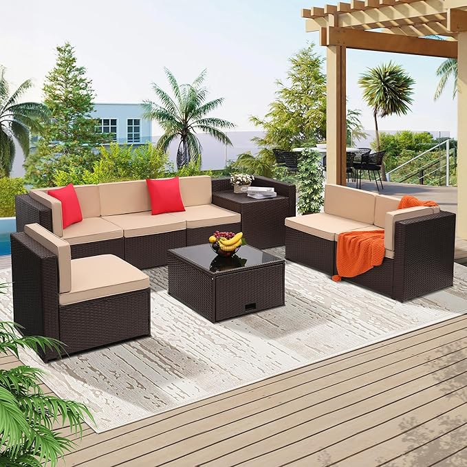 8 Pieces Outdoor Wicker Rattan Patio Furniture Sectional Set, Glass Top Table with Hidden Storage, 7 Sofa Sections, Oversized Cushions, Brown Color Rattan with Beige Cushion