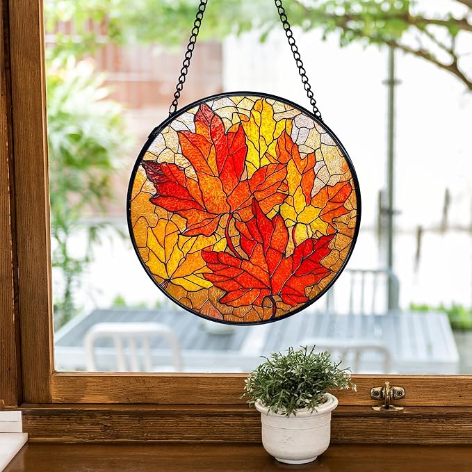 TNUW Fall Leaf Stained Glass Window Hanging, Rustic Autumn Maple Leaves Sun Catchers Indoor Window Glass Round Wall Art Decor, Fall Autumn Wall Hanging Decorations, 7.9＂x7.9＂