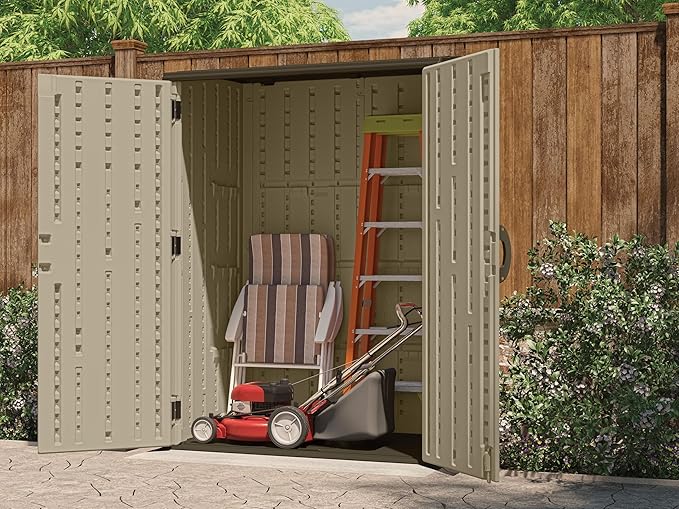 Suncast 54 Cubic Feet Vertical Storage Shed with Durable Plastic Construction, Multiple Wall Panels and Ample Space for Outdoor Storage