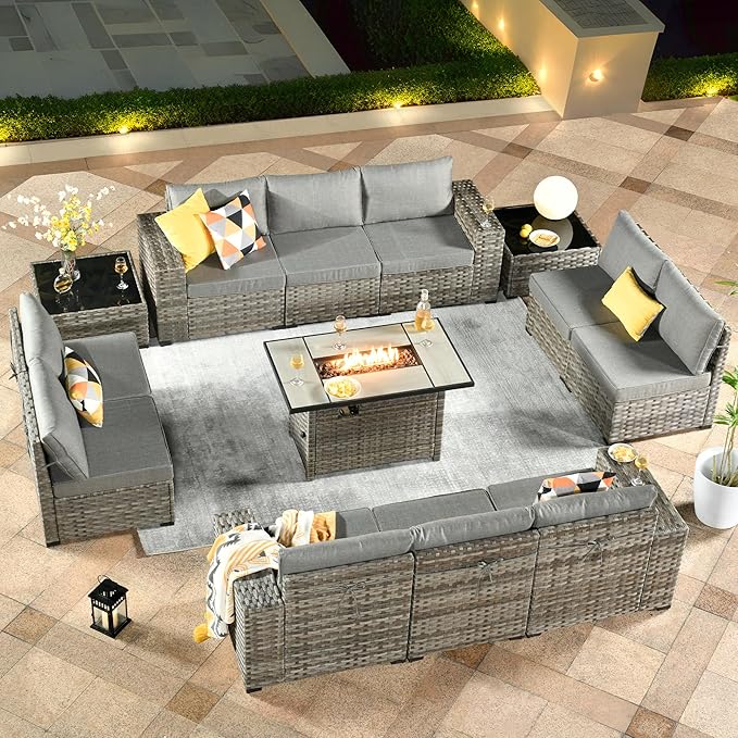 ovios 13 Pieces Patio Furniture Set, Outdoor Wicker Sectional Sofa with 42 Inch Fire Pit Table Comfy Cushions, Modern Modular Deep Seat Rattan Couch Conversation Set, Dark Grey