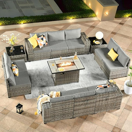 ovios 13 Pieces Patio Furniture Set, Outdoor Wicker Sectional Sofa with 42 Inch Fire Pit Table Comfy Cushions, Modern Modular Deep Seat Rattan Couch Conversation Set, Dark Grey