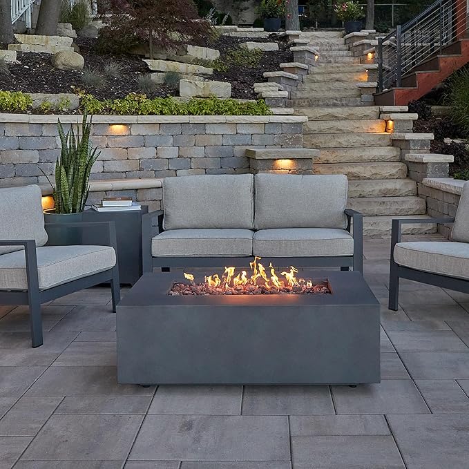 Real Flame Aegean 42in Rectangle Propane or Natural Gas Fire Pit Table, 50,000 BTU, Powder-Coated Steel, Push-Button Ignition, CSA Certified, Lava Rock, Storage Cover, Stainless Steel Burner with Lid