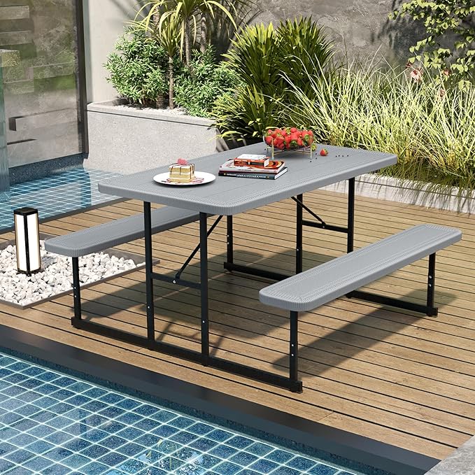 Giantex Picnic Table Bench Set for 4 People, 4.5FT Outdoor Rectangular Dining Table & 2 Benches w/Umbrella Hole, HDPE Tabletop, Metal Frame, Patio Garden Backyard Poolside (4.5FT,Non-Foldable,Gray)