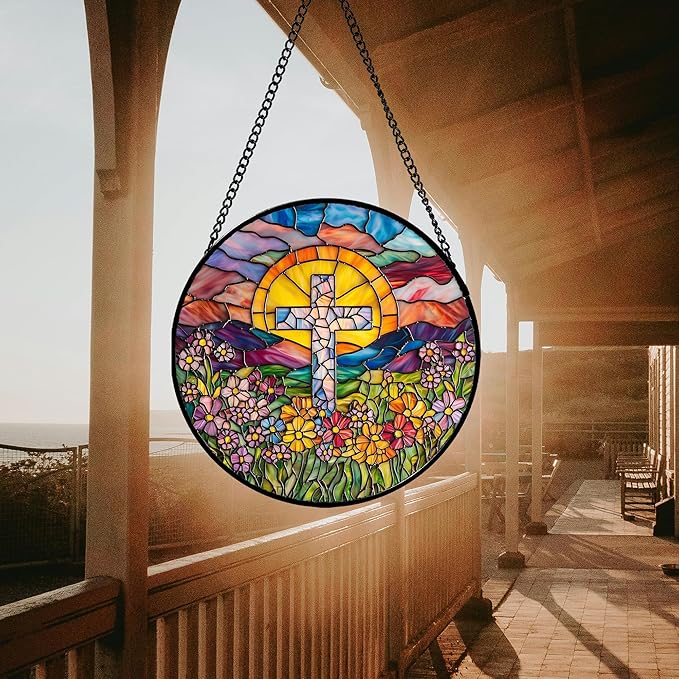 Stained Glass Window Hanging - Cross Flower Sea Sun Catcher for Door Terrace Garden Home Decor, Mountains Landscape Suncatcher Birthday Gifts for Lovers Women Men Dad Mom Nana 7.8 in