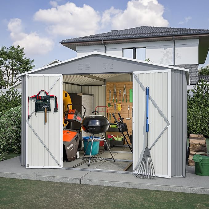 10×10 FT Outdoor Storage Shed,Metal Aluminum Waterproof Tool Sheds with Foundation,Doors & Vents,Heavy-Duty Sheds Unit W/Lock & Key,for Storing Bicycles,Lawnmowers,Barbeques,Gray