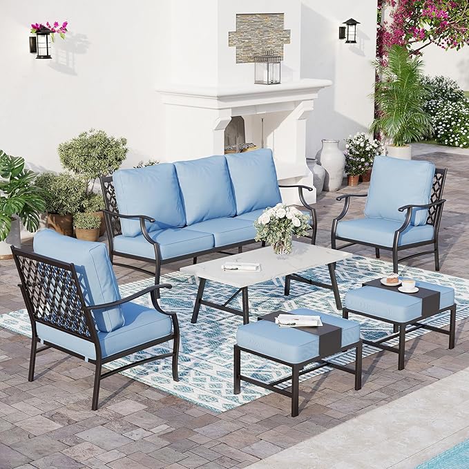 6 Piece Metal Outdoor Patio Furniture Set, Patio Conversation Sets 1 3-seater Sofa, 2 Fixed Chairs, 2 Ottomans with 5.75" Thick Cushion and Coffee Table, Black Backyard Furniture, Blue
