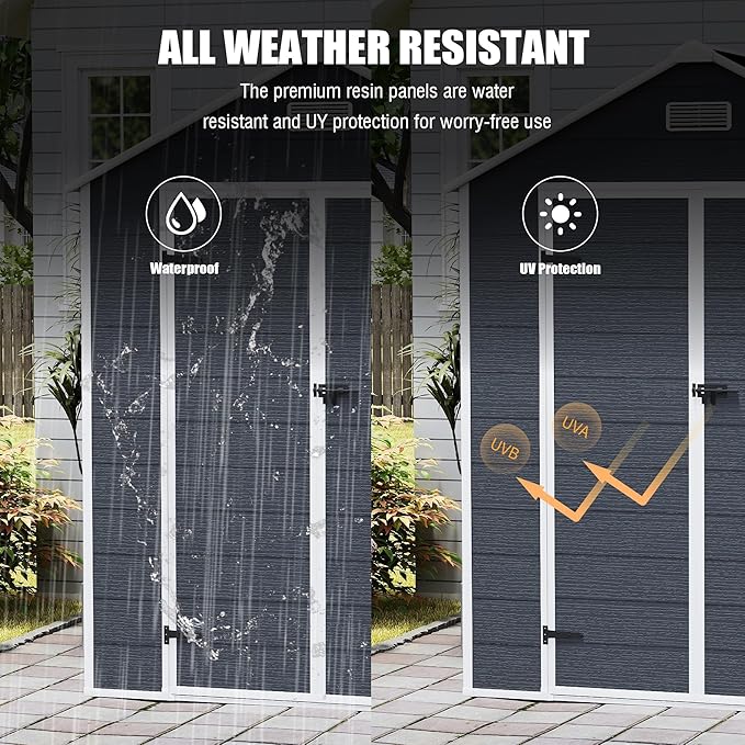 Outdoor Storage Shed 6x6 FT, Resin Shed with Floor & Window, Lockable Door, Vents, Outside Sheds & Garden Shed for Patio Furniture, Gardening Tools, Pool Equipment (Dark Gray, 6 * 6ft)