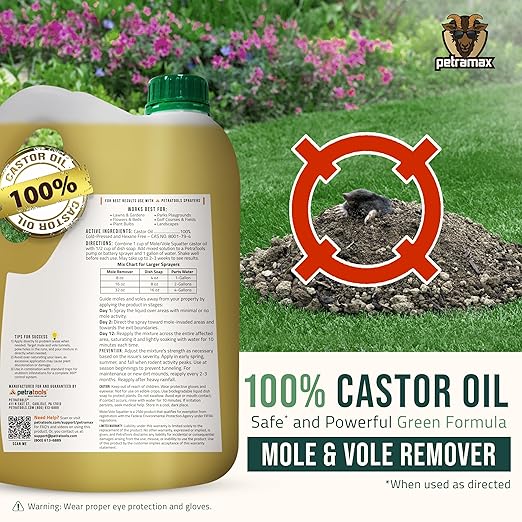 Petra 100% Castor Oil for Moles and Voles - Get Rid of Moles & Voles - Most Effective Way to Get Rid of Moles in Your Yard - Gopher, Ground Mole, Vole Caster Oil - Pet Safe, Food Grade (135 Fl Oz)