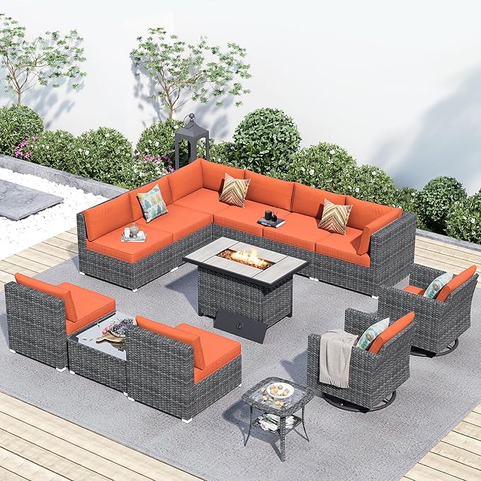 HOOOWOOO 13 Piece Patio Sectional Furniture Set with Fire Pit Table,Modern Wicker Outdoor Conversation Sofa Sets,All Weather Modular L Shaped Outside Couch Swivel Chair Set(Orange Red)