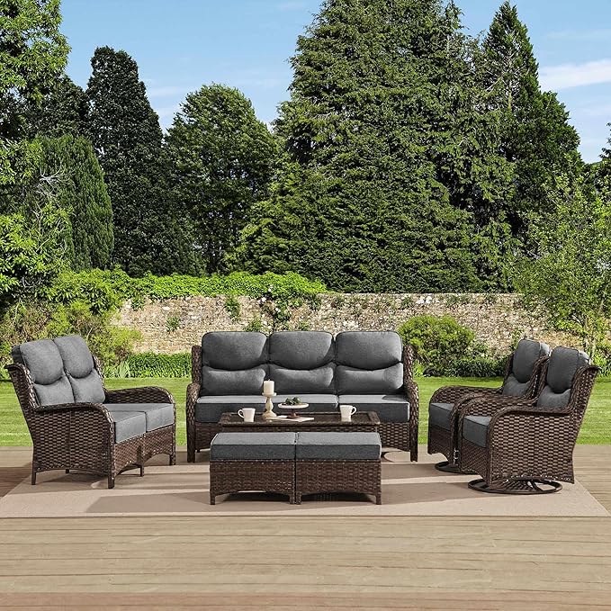 HILLGA Luxury High Back Patio Furniture Set with 6-Inch Thick Cushion, 7-Piece Outdoor Conversation Set with Sofa, Swivel Rocker Chairs & Ottomans, Ideal for Porch Pool Deck Yard (Dark Grey)