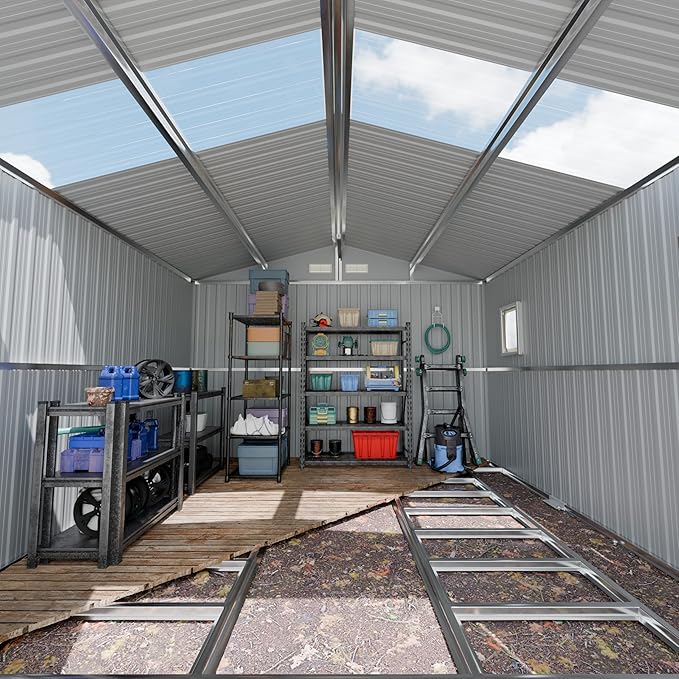 Restland 10x10 FT Outdoor Storage Shed with Floor Base Frame Reinforced Metal Shed with Clear Roof, Air Vent & Lockable Door Large Garden Tool Storage Sheds for Backyard, Garden, Lawn