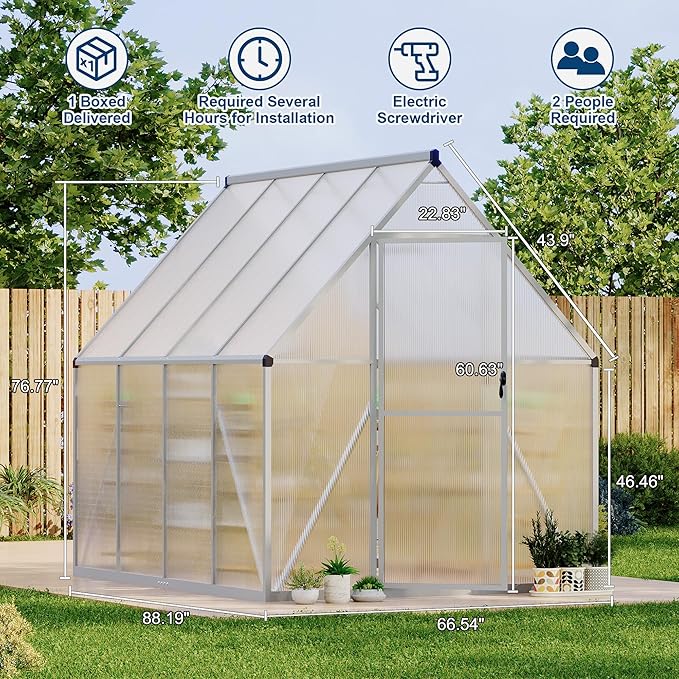 6'X7' Aluminum-Framed Polycarbonate Greenhouse, Heavy Duty Polycarbonate Greenhouse with Quick Setup Structure and Roof Vent, Large Enhanced Aluminum Greenhouses Kit for Outdoors