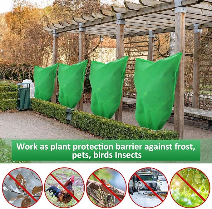 12 Packs Winter Plant Covers Freeze Protection Drawstring Tree Cover 23.62 x 31.5 in Large Reusable Frost Protection for Plants Fruit Tree Shrub, Outdoor Prevention Bag(Dark Green)