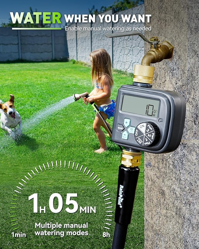 RAINPOINT Sprinkler Timer with Brass Inlet and Outlet - 2025 Upgraded Digital Hose Timer Featuring 3 Programs, Rain Delay, Manual, and Automatic Watering System for Garden and Yard Irrigation
