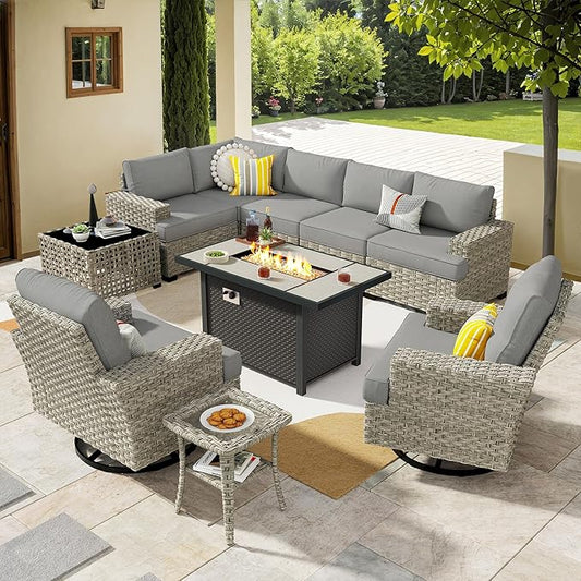 HOOOWOOO Outdoor Sectional Patio Furniture Set with Fire Pit Table,10 Pieces Wicker Conversation Sets L Shaped Couch,Extra Deep Out Door Sofa Outside Furniture with Swivel Chairs,Charcoal Gray