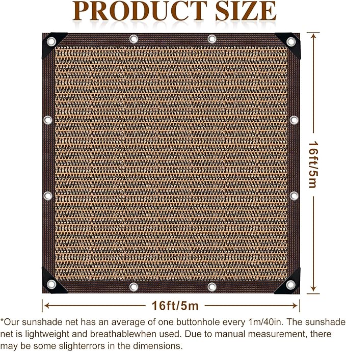 Shade Cloth,80% Sunblock Net with Metal Grommets and Reinforced Edges,Garden Sun Shade Netting,Used in Courtyards,Balconies,Carports,Greenhouse, Plants Growing,Chicken Coop Patios etc.16x16FT