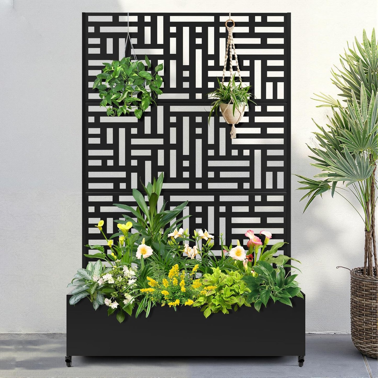 FENCY Metal Raised Garden Bed with Wheels and Trellis,73"x47"x16" Planter Box for Climbing Plants, Vegetables & Vines, Features Privacy Screen and Drainage Holes (Black-Geometric Lattice)