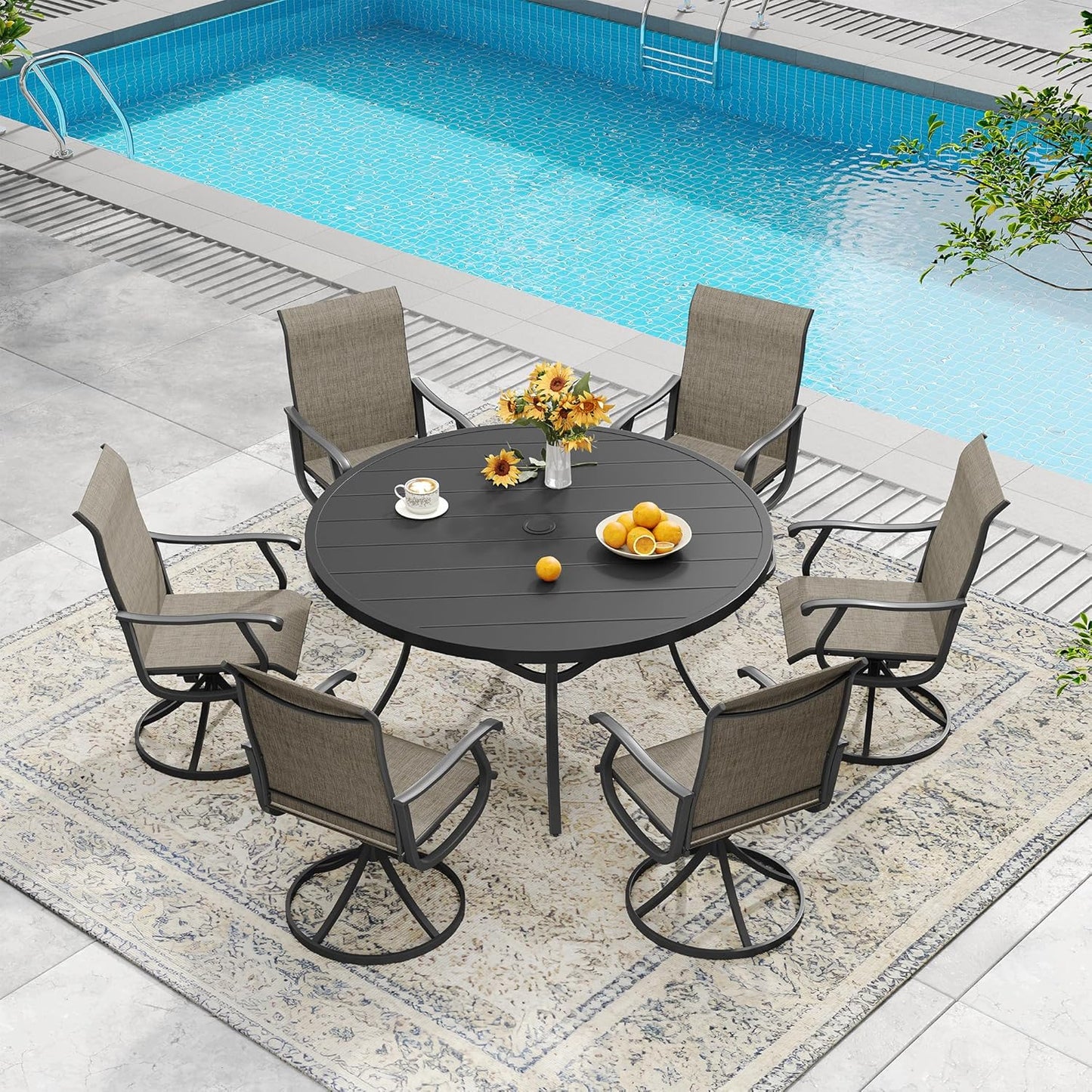 DIFY 50" Round Outdoor Patio Dining Table for 6, Metal Patio Table with 1.57" Adjustable Umbrella Hole, All-Weather Dining Furniture Table for Backyard Lawn Garden, Black
