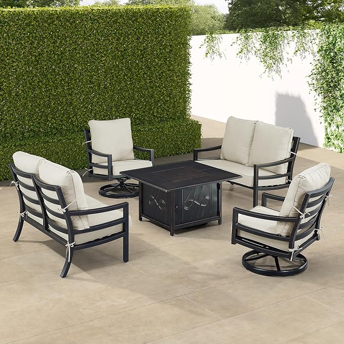 Oakland Living Black Aluminum Patio Fire Table Set with Two Deep Seating Loveseat with Cushions and Two Club Chairs with Light Grey Cushions