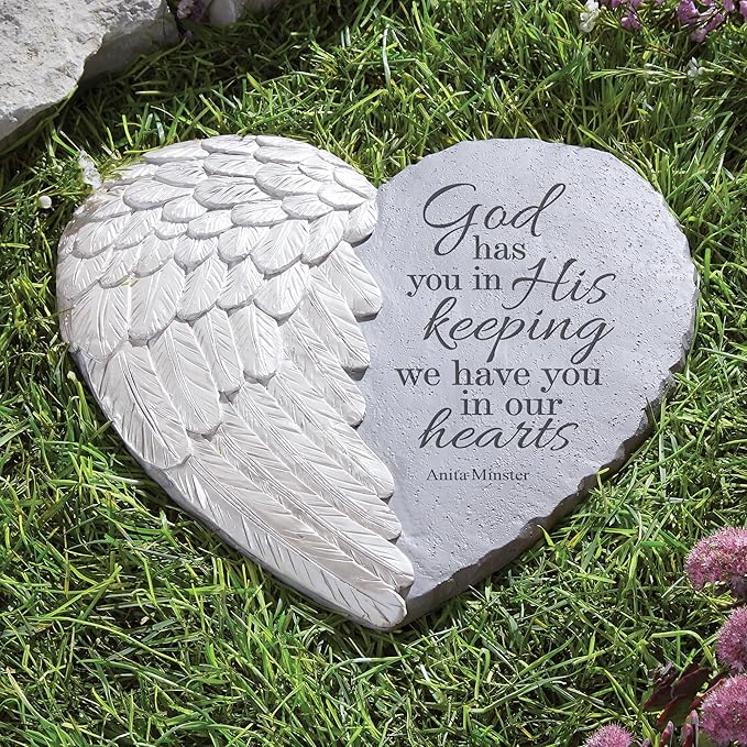 Let's Make Memories Personalized Memorial Garden Stone - Sympathy - Loss of Loved One - Condolences - Indoor/Outdoor - Durable Resin - 3D Wings of Love - in His Keeping