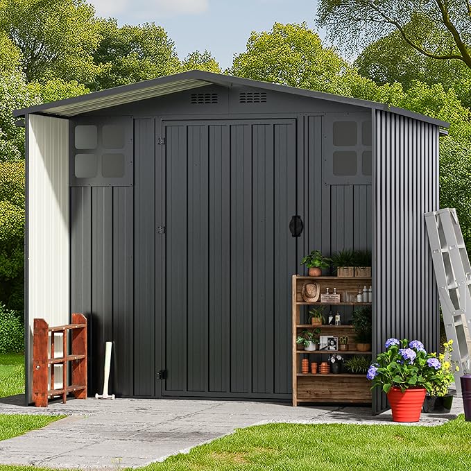 Modern 6×6 FT Metal Outdoor Storage Shed with Windows, Stylish Lockable Waterproof Garden Tool Shed, Contemporary Storage Shed for Lawn Mower & Backyard Patio, Dark Gray (No Floor)