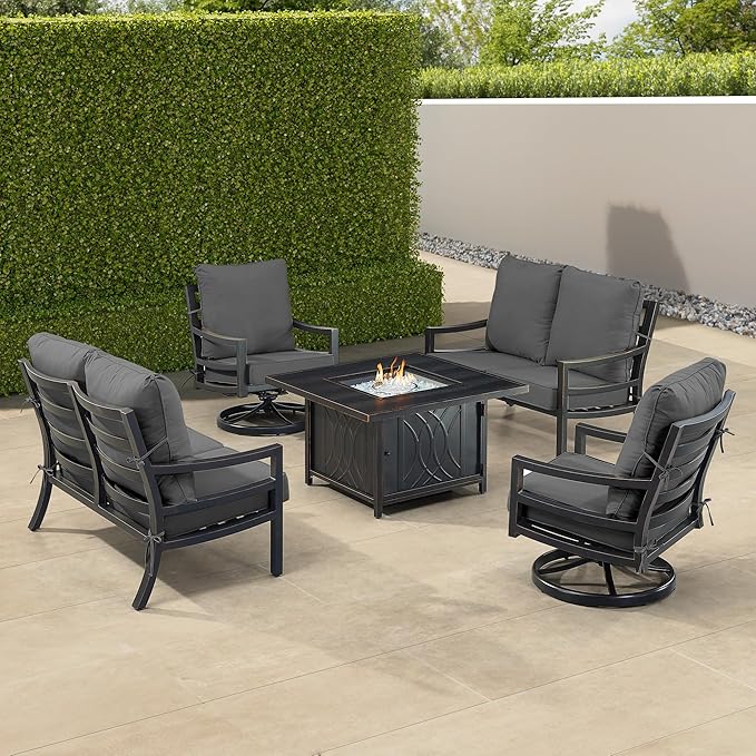 Oakland Living Black Aluminum Patio Fire Table Set with Two Deep Seating Loveseat with Cushions and Two Club Chairs with Black Cushions