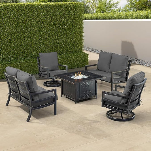 Oakland Living Black Aluminum Patio Fire Table Set with Two Deep Seating Loveseat with Cushions and Two Club Chairs with Black Cushions
