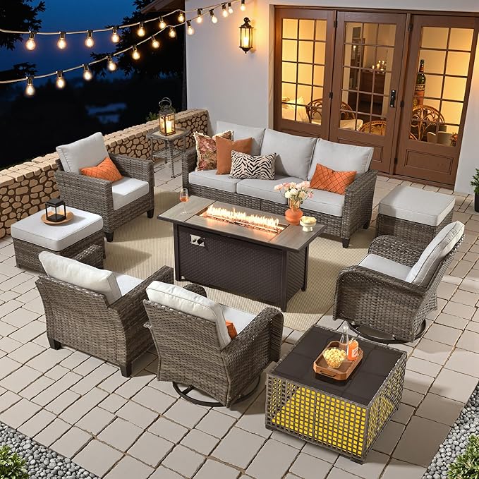 HOOOWOOO Outdoor Patio Furniture Set,10 Pieces Wicker Conversation Set,All Weather Couch Set with Fire Pit Solar Light Table Swivel Chairs Ottoman 9 Seaters for Out Door Yard(Light Gray)