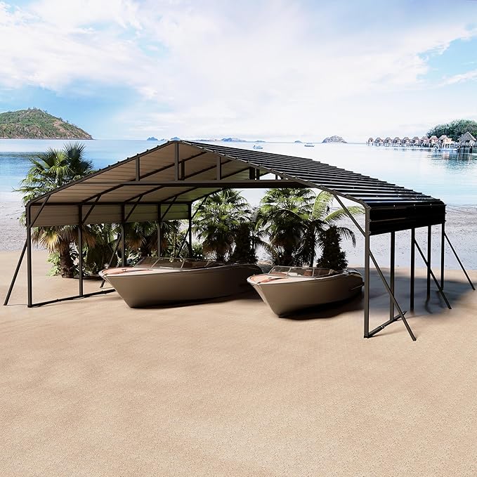 20 x 20 FT Metal Carport with Galvanized Steel Roof, Heavy Duty Metal Roof Carport with Enhanced Base, Tall MetalCarport Kits Garage for Tractors, Trucks, Boats, Cars
