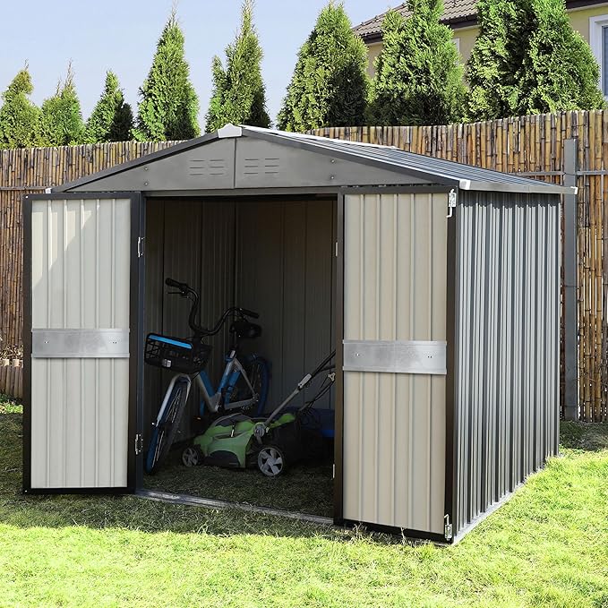MUPATER 10' x 10' Outdoor Storage Shed with Double Doors, Garden Metal Shed, Utility Tool Shed Storage for Backyard, Patio and Lawn with Vents, Grey