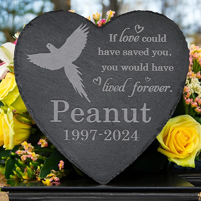 Parrot Memorial Stone Garden Statue - Memorial Gifts - Tombstone - Loss of Pet Gift - Heart